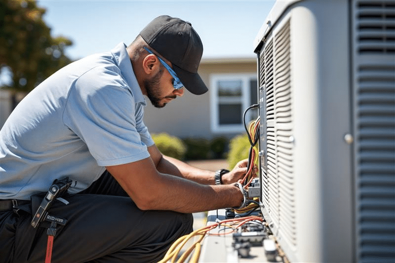 A technician wearing sunglasses and a cap kneeling to repair the wiring inside an outdoor AC condenser unit.