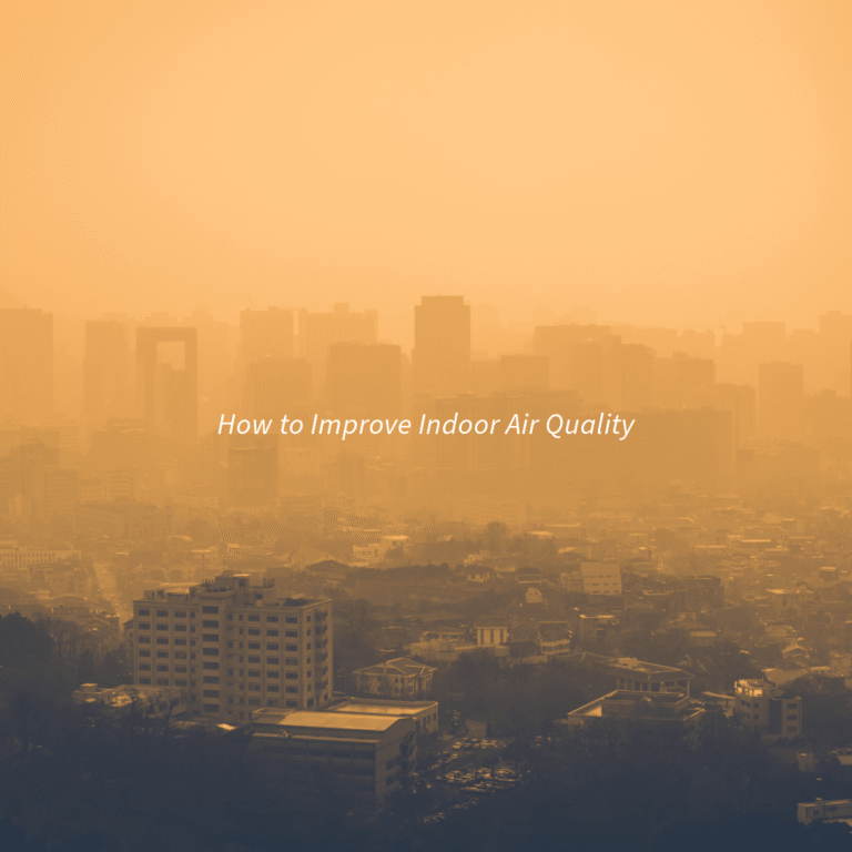 A smoggy, orange-hued city skyline with text overlay reading 'How to Improve Indoor Air Quality.'