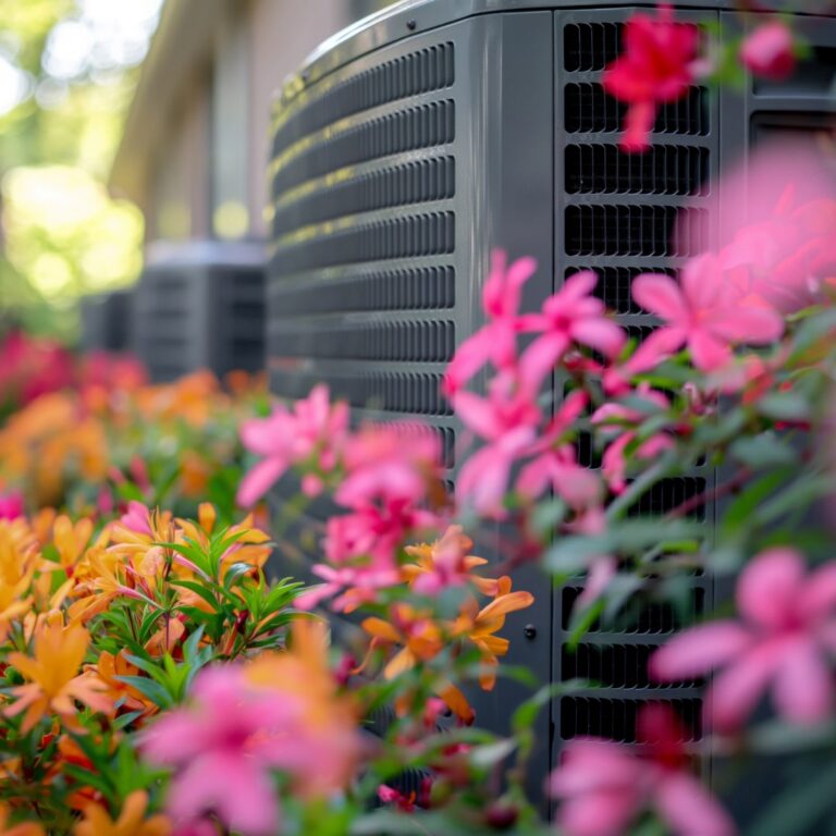 An outdoor AC condenser unit surrounded by blooming pink and orange flowering shrubs.