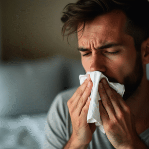 A bearded man blowing his nose into a tissue while sitting indoors, looking unwell.