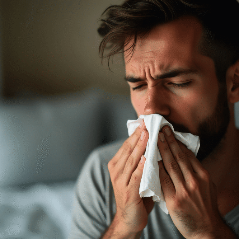 A bearded man blowing his nose into a tissue while sitting indoors, looking unwell.