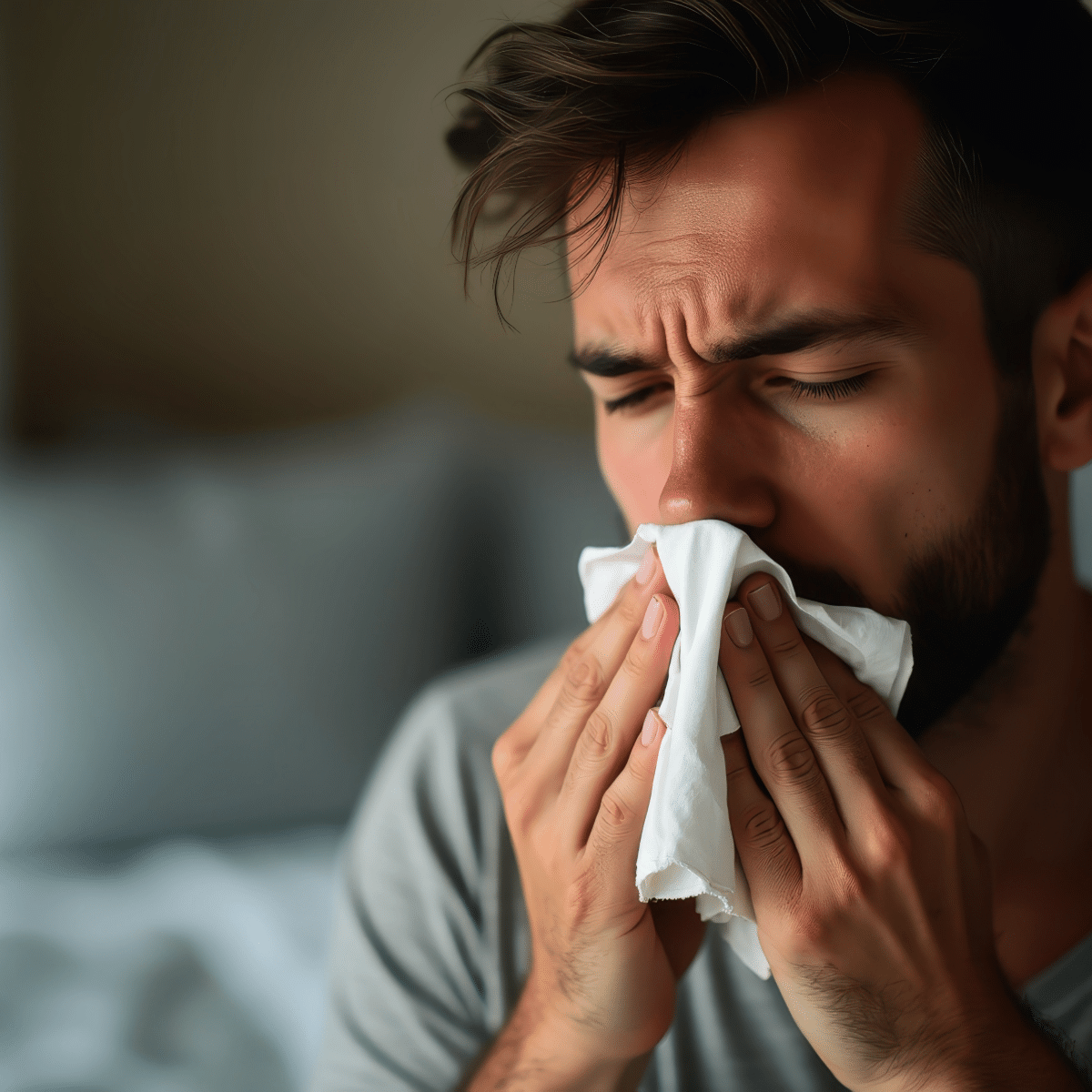 A bearded man blowing his nose into a tissue while sitting indoors, looking unwell.