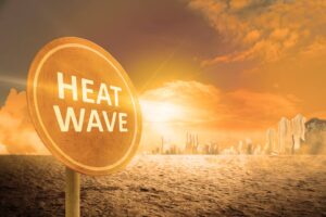 A round sign reading 'Heat Wave' planted in a desert landscape at sunset.