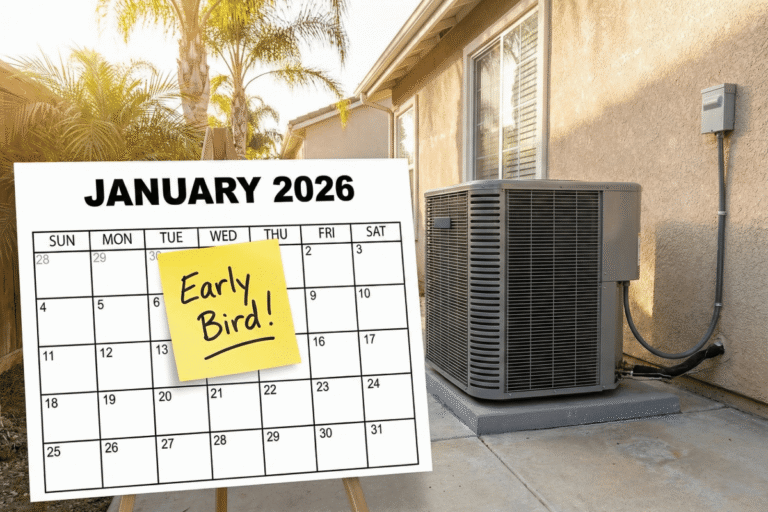 A second version of a January 2026 wall calendar with an 'Early Bird!' note next to an outdoor air conditioning condenser unit.