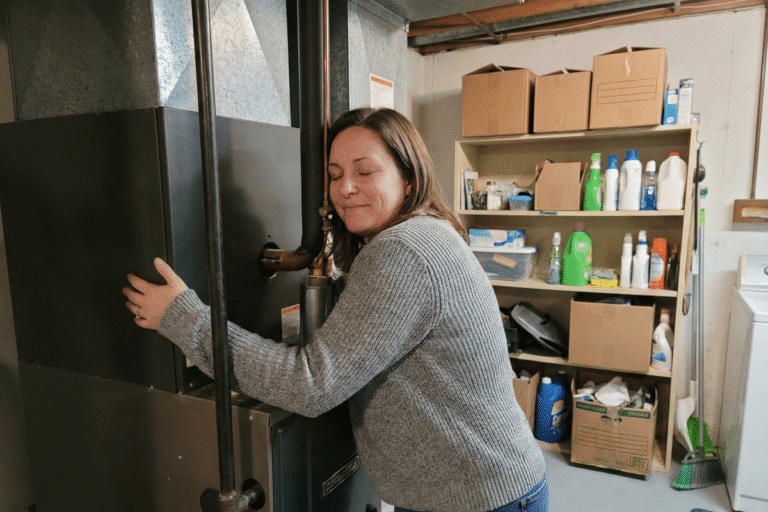 A woman hugging and pressing her cheek against a furnace unit in a utility room with storage shelves.