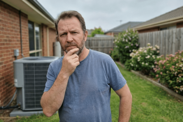 A man standing in a backyard rubbing his chin thoughtfully while looking at an outdoor AC condenser unit.