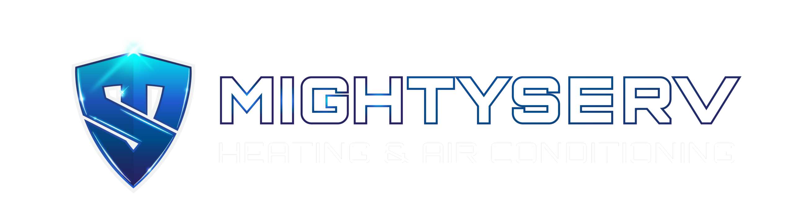 MightyServ Heating and Air Conditioning logo featuring a blue shield icon and white lettering on a transparent background