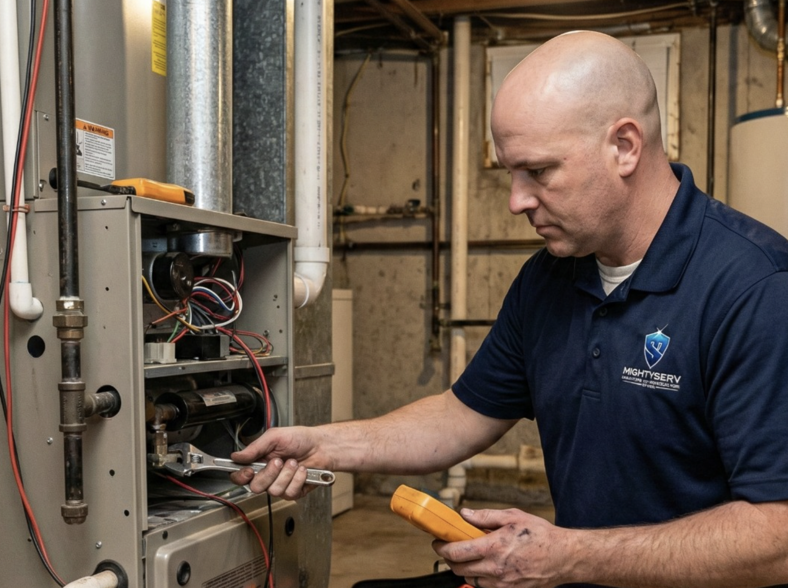 MightyServ technician using a wrench and multimeter to repair a residential furnace